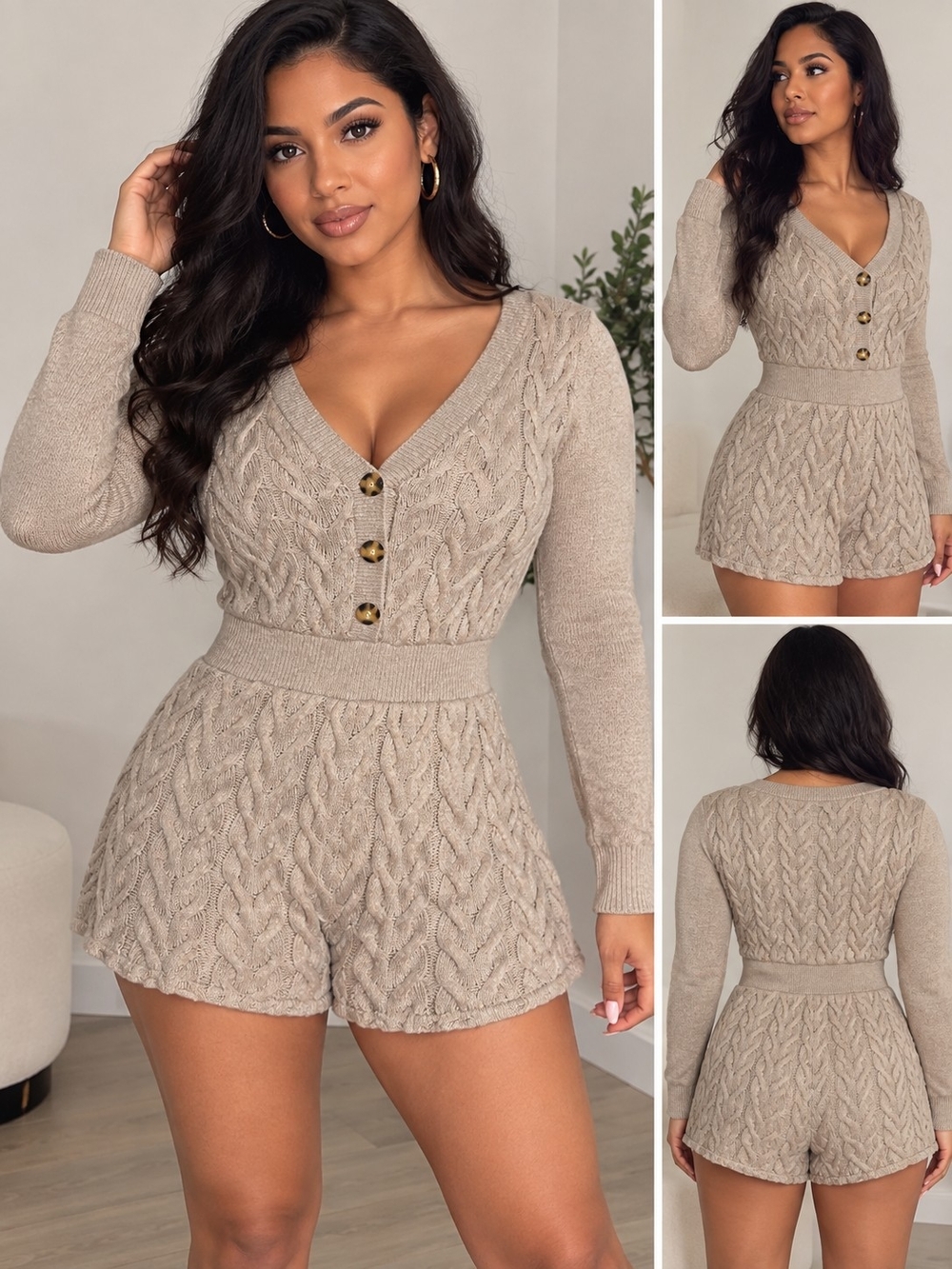 Zara Beige Cable Knit V-Neck Romper